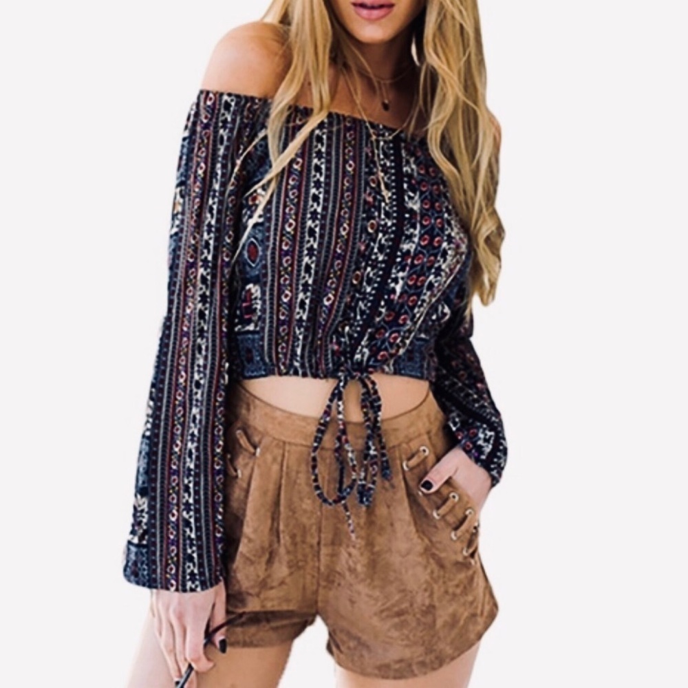 Wren bohemian floral off shoulder crop peasant top